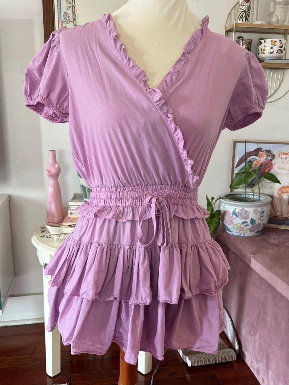 layered Ruffle pink/purple V-Neck capsleeve Drawstring Mini romper